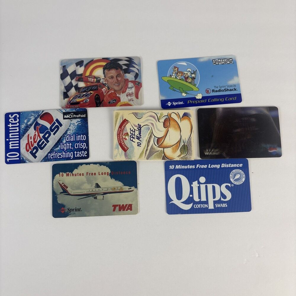 7 Empty Long Distance Phone Cards TWA Sprint Star Wars Jetsons RadioShack Nascar